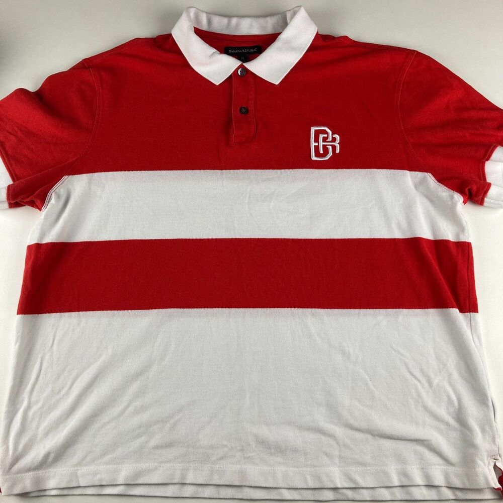 Banana Republic Polo Shirt Mens XL Red White Striped Cotton Logo Rugby Style